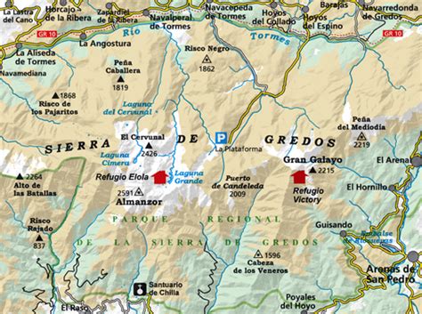 Mapa de la Sierra de Gredos con las localidades de Guisando, Ramacastañas y Ávila