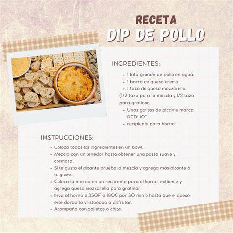 Pasos de preparación de un dip de pollo con ingredientes y utensilios de cocina