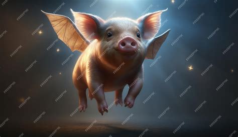 Ilustración de un cerdo con alas volando sobre un paisaje surrealista