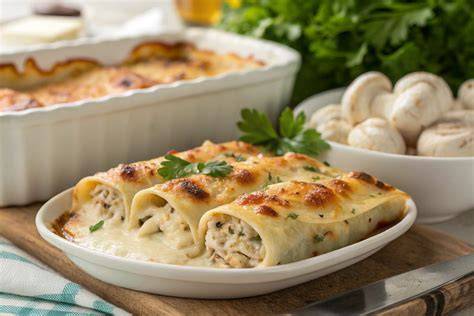 Canelones gratinados con setas en una fuente de horno