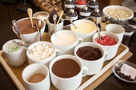 Mesa con ingredientes para personalizar chocolate caliente
