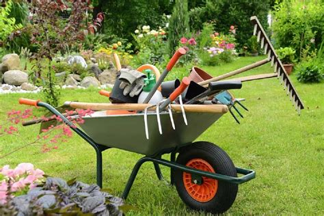 Herramientas de jardinería y un jardín bien mantenido