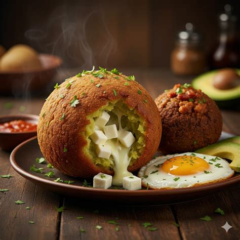 Bolón de verde servido con huevo frito y café