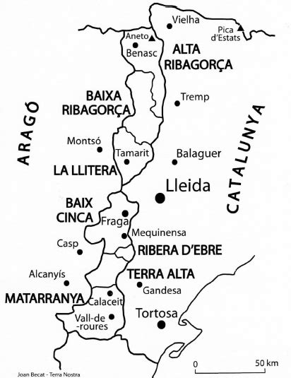 Mapa de la Franja de Ponent y distribución lingüística