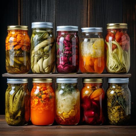 Variedad de vegetales fermentados en frascos