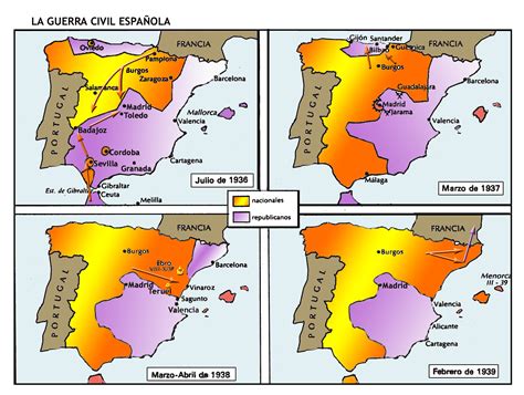 Mapa de España durante la Guerra Civil, con las zonas republicana y nacional