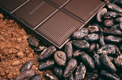 Granos de cacao y una barra de chocolate negro
