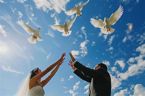 Pareja soltando palomas blancas en su boda