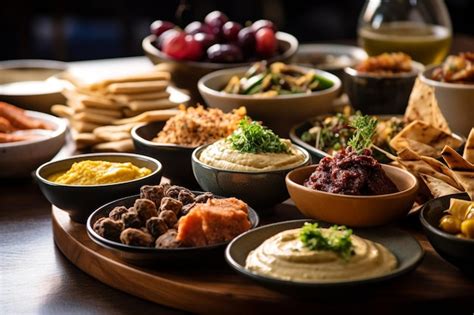 Mesa con diferentes tipos de mezze, incluyendo baba ganoush, hummus y tabulé