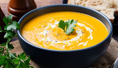 Sopa de auyama servida con croutons y perejil