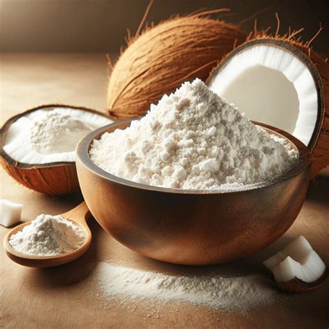 Harina de coco en un bol con cocos frescos