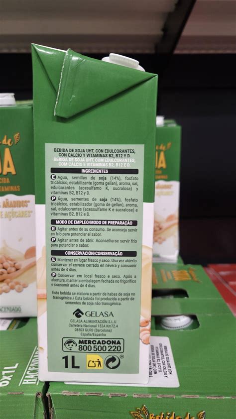 Tabla nutricional de leche de soja sin azúcar