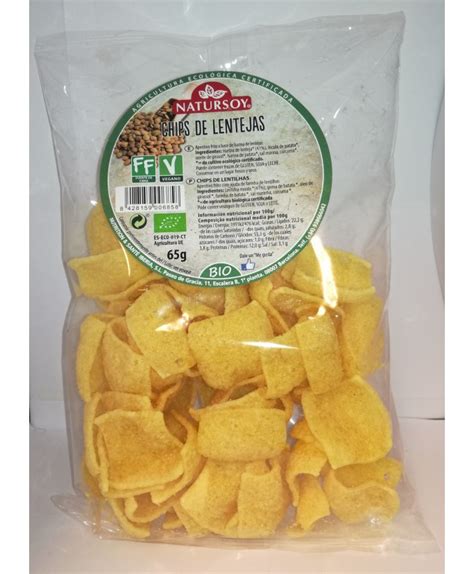 Envase de chips de lentejas ecológicos con lista de ingredientes