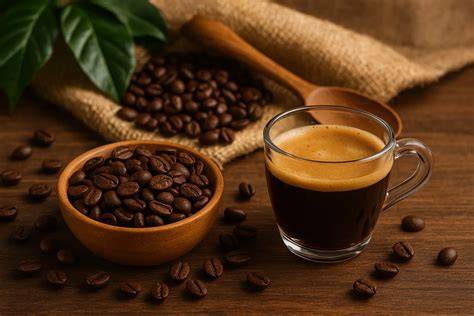 Taza de café y granos de café