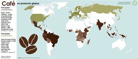 Mapa mundial con los principales países productores de café