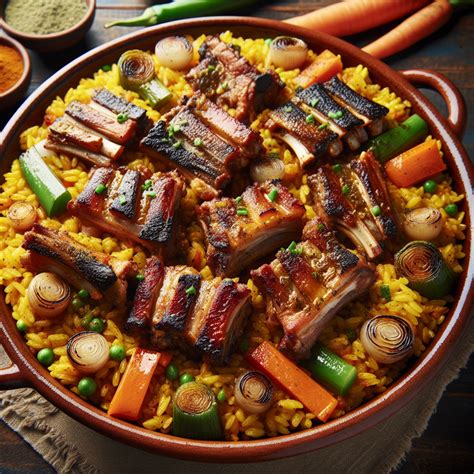Arroz con costillejas y verduras recién hecho