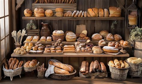 Variedad de panes y pasteles en una panadería