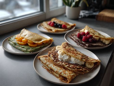 Mesa de desayuno con crepas, café y diversos toppings