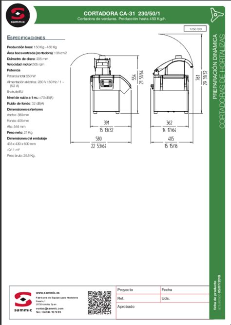 Esquema de las dimensiones de la cortadora de patatas Sammic CF-5