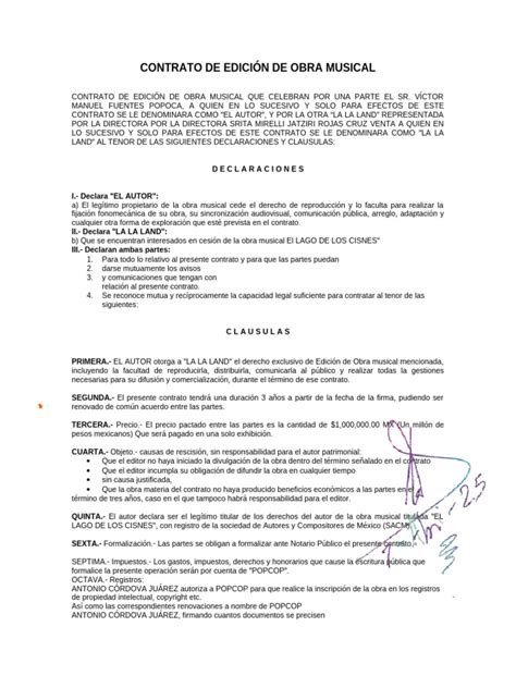 Documento de un contrato de representación musical