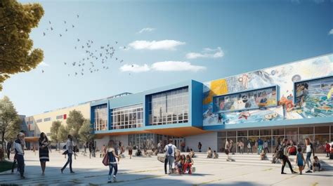 Edificio escolar con estudiantes