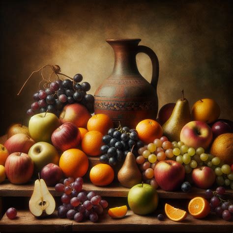 bodegón antiguo con frutas y utensilios de cocina