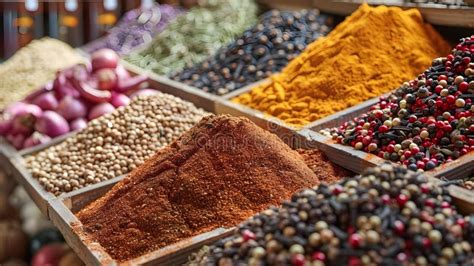 Variedad de especias en un expositor de mercado