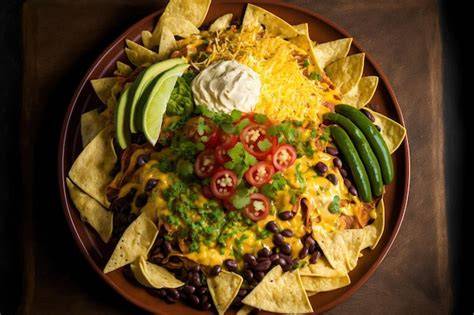Plato de nachos con crema de queso y jalapeños
