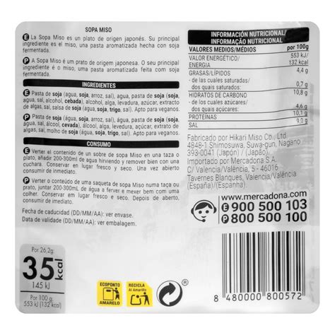 Información nutricional de la sopa de miso