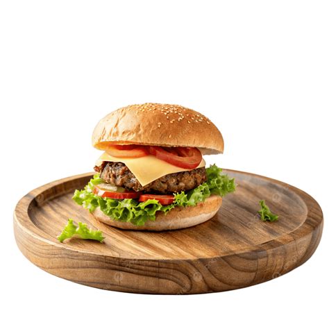 Detalle de una hamburguesa gourmet en plato de madera