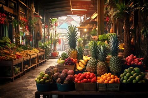 Mercado de frutas tropicales con guayabas