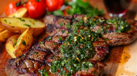 Variedad de carnes y verduras a la parrilla con chimichurri