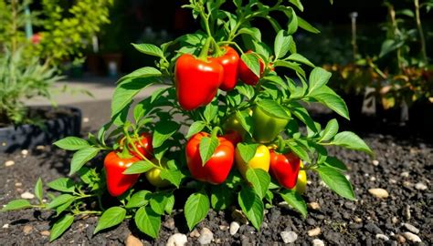 Planta de pimiento morrón con frutos madurando