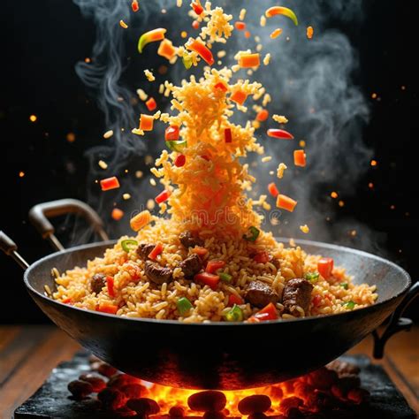 Wok con arroz frito en proceso de cocción