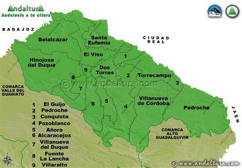 Mapa de la comarca de Los Pedroches y su ubicación en Andalucía