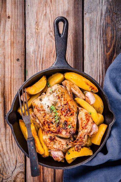 Bandeja de hierro fundido con pollo asado