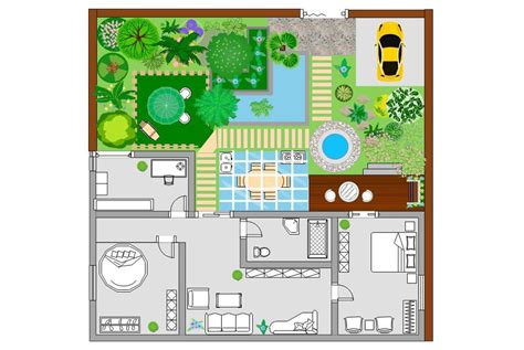 Plano de un jardín con la ubicación ideal de la barbacoa y las distancias de seguridad
