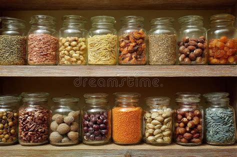 Variedad de ingredientes almacenados en botes para legumbres