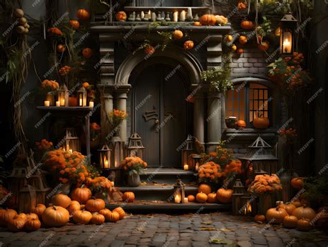 Entrada decorada con calabazas, letrero de 