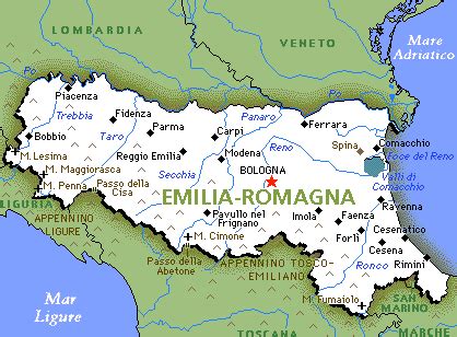 Mapa de la región de Emilia-Romaña, Italia