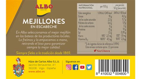 Tabla nutricional de mejillones en escabeche