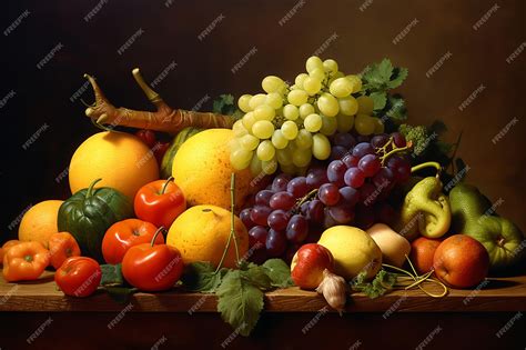 Bodegón clásico con frutas y verduras