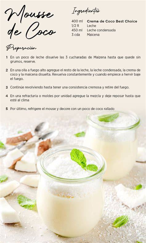 Ingredientes para mousse de coco: leche de coco, nata, azúcar, gelatina