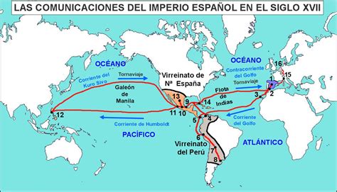 Mapa del Imperio Español y rutas comerciales en el siglo XVII