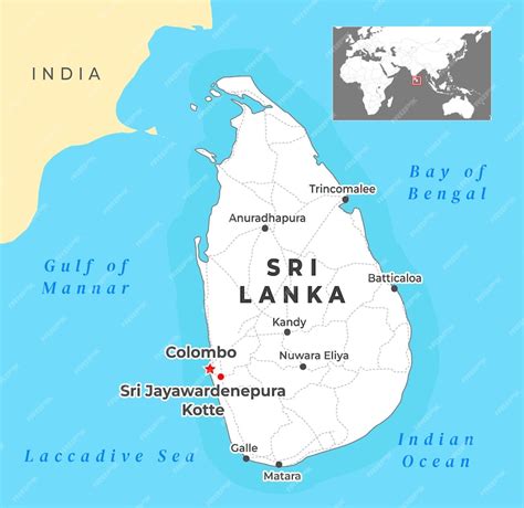 Mapa de Sri Lanka con ubicación de Colombo y Battaramulla