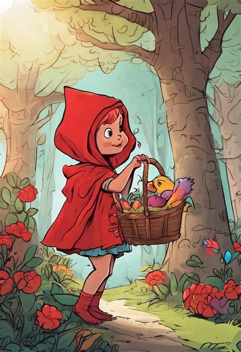 Ilustración de Caperucita Roja llevando una cesta con un pastel