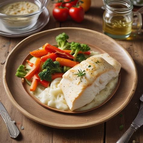 Pescado horneado en rustidera con patatas y verduras