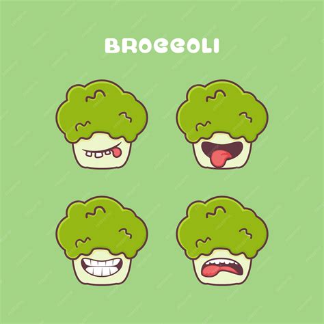 Ilustración de varias mascotas de brócoli con diferentes expresiones y accesorios