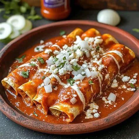 Plato de enchiladas veganas con salsa de alubias negras