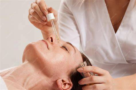 Mujer aplicando aceite facial de arroz con un suave masaje